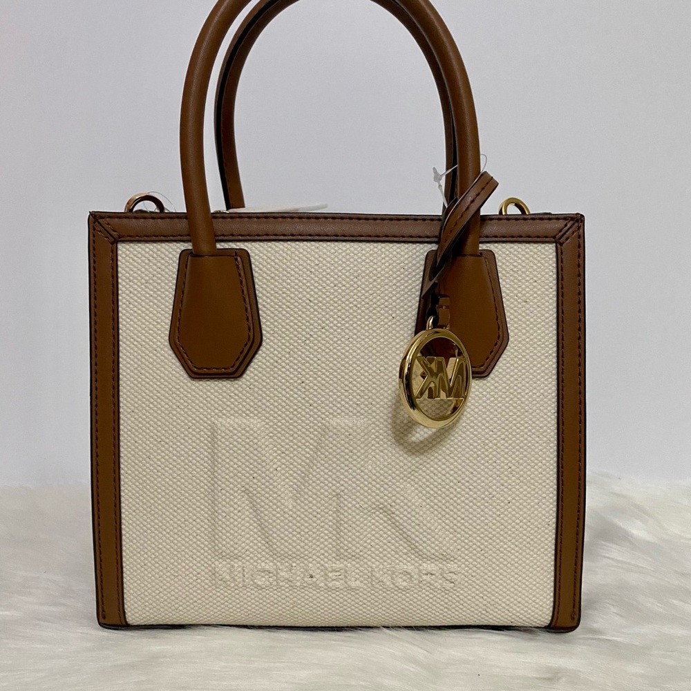 Michael Kors Small Satchel Handbag Brown and Linen Cream NWT - Picture 2 of 10